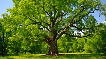 Fototapeta premium Monumental Old Basswood Tree with Large Branches in Green Natural Surroundings - 16:9 Aspect Ratio