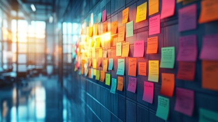 Naklejka premium A modern workspace with colorful sticky notes on a teal wall, symbolizing creativity and organization. Ideal for productivity, office themes, and motivational visuals.