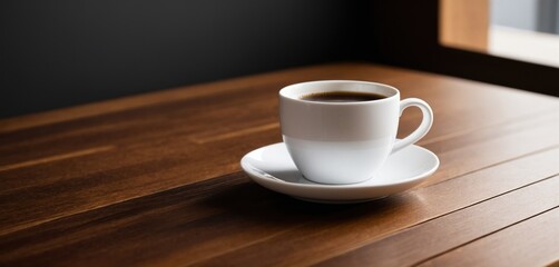 Obraz premium A single cup of black coffee sits on a wooden table near a window. Ideal for cafes, menus, and blogs about relaxation.