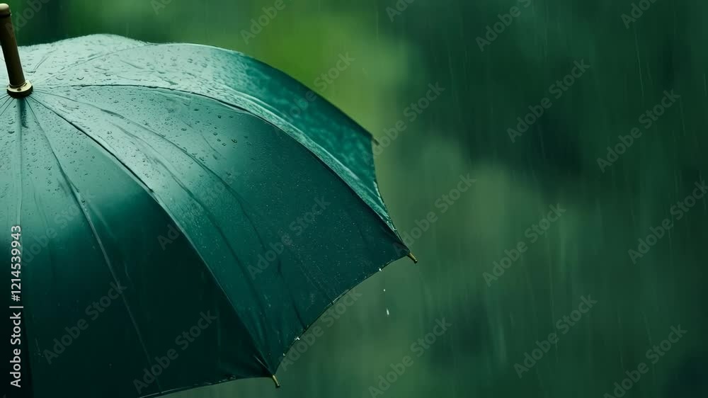 Poster close up of a green umbrella with raindrops on a blurred rainy background, creating a moody and atmo