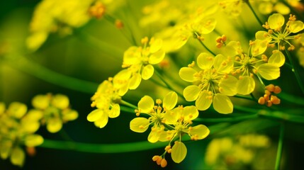 Obraz premium Nature's Beauty: Yellow Ferula Flower Field in Closeup. Capturing the Macro View of Ferula amidst Lush Greenery of Garden as Summer Greets Spring