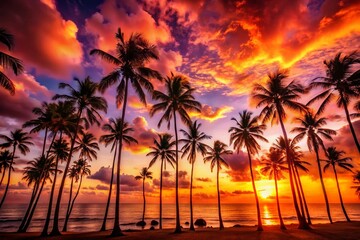 Obraz premium Panoramic Sunset Silhouette of Palm Trees - Tropical Beach Scene
