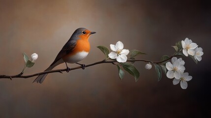 Fototapeta premium natures symphony, a cheerful robin perches on a blossoming branch, its song mingling with the gentle morning light of spring
