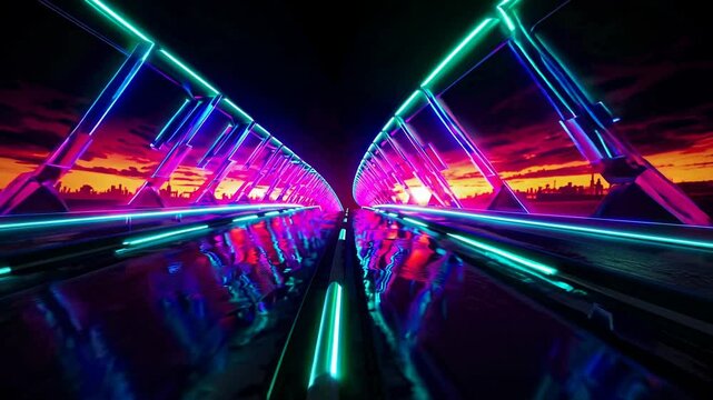 Vibrant neon lights illuminate a futuristic bridge at sunset, casting colorful reflections on the wet asphalt, creating a mesmerizing cyberpunk cityscape