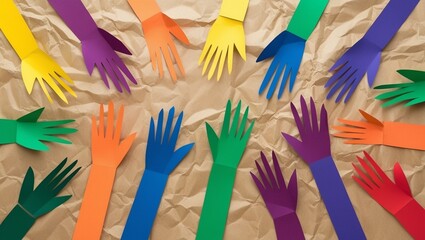 colorful paper cutouts, hands reaching upward, diverse community, unity in diversity, vibrant colors, overhead view, flat lay, artistic expression, inclusion concept, paper craft, rainbow palette, geo