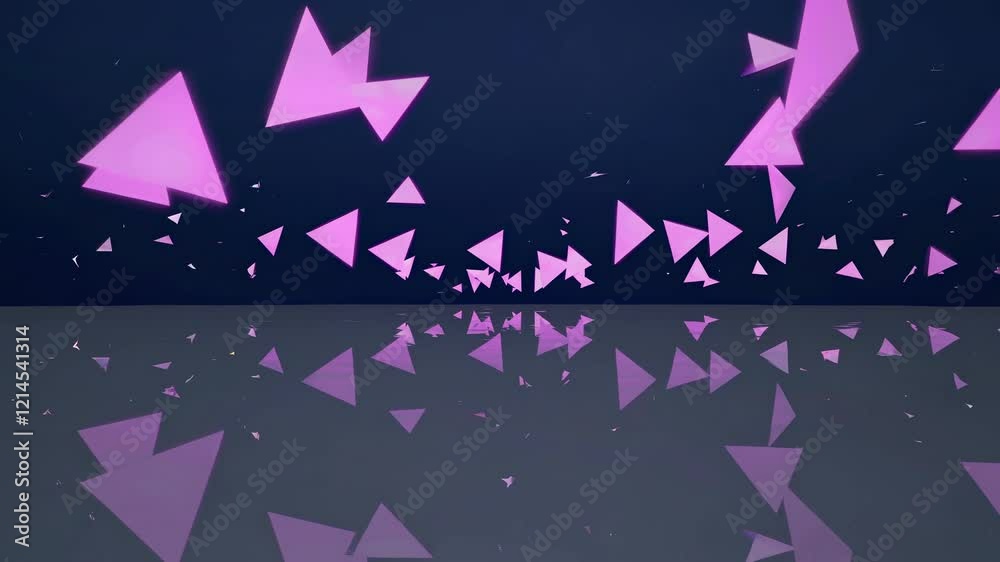 Poster pink neon triangles are floating above a reflective surface, creating a vibrant and dynamic abstract