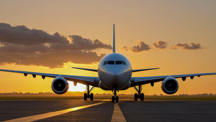 Obraz premium Airplane on runway beneath dramatic clouds and glowing sky on background. Amazing sunset, twilight. Symbolizing travel and adventure. Copy space.