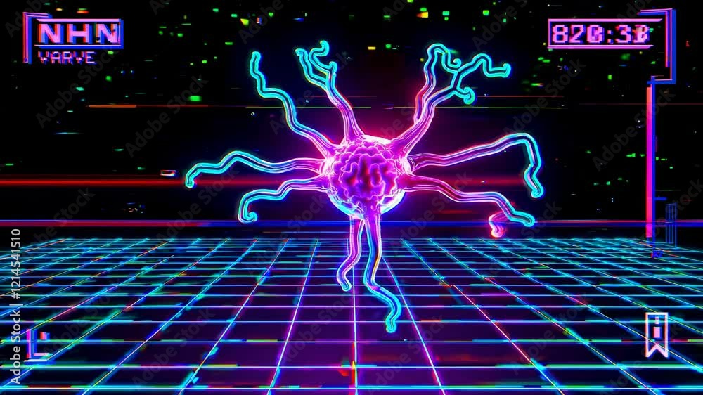 Wall mural digital illustration of a glowing neuron sending signals in a virtual environment with glitch effect