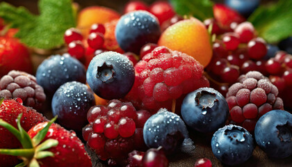 A close-up of vibrant, fresh berries glistening with dewdrops, showcasing their plump juicings