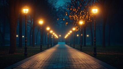 A tranquil park path with warm streetlights at night, creating a serene ambiance. Ideal for urban tranquility, reflective moments, and evening scenes.