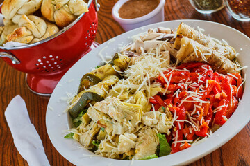 antipasti salad served with garlic bread