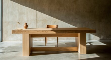 Modern wooden table with a minimalist design and a chair in natural light