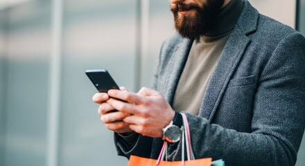 Stylish man using smartphone while holding shopping bags outdoors