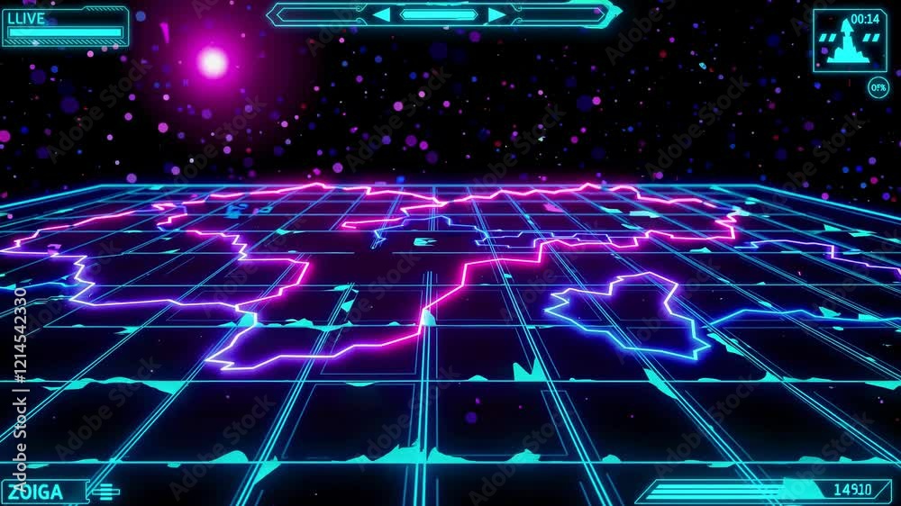 Poster futuristic neon grid displaying progress bars, territory lines, and other data visualizations, creat