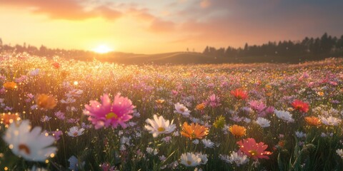 Vibrant wildflowers bloom in a sunlit field at sunset