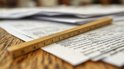 Wooden Ruler on Stack of Papers: Close-up of a Wooden Ruler and Documents on a Wooden Desk