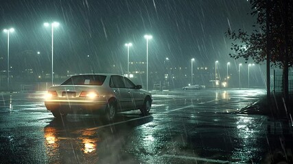 A lone car in an empty parking lot under rain and streetlights. Seamless looping animation video background