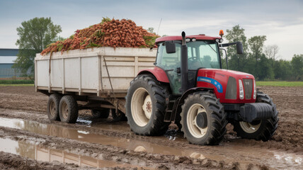Obraz premium Rugged farming scene showing a powerful red tractor transporting crops on a muddy dirt path