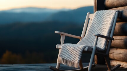 rustic farmhouse vibes, a rocking chair on a country porch covered in morning dew, with a cozy throw for chilly mornings