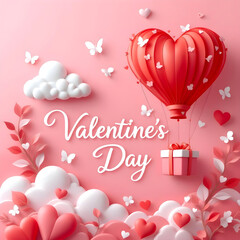 Gift boxes with heart balloon floating it the sky, Happy Valentine's Day banners, paper art style.