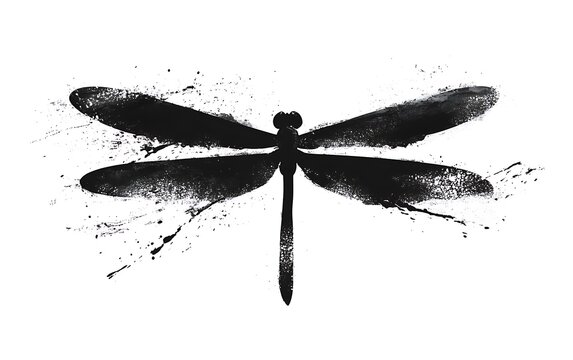 Abstract dragonfly graphic design, minimalist style, artistic black silhouette on white background, possible use for print design or digital art