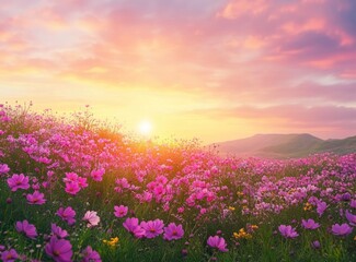 Fototapeta premium A vibrant field of pink and yellow flowers under a colorful sunset sky
