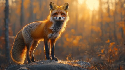 Red fox standing on rock at sunset.