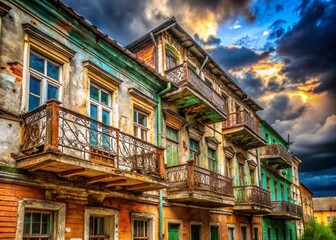 Panoramic View of Emergency Balconies on a Historic Yaroslavl House