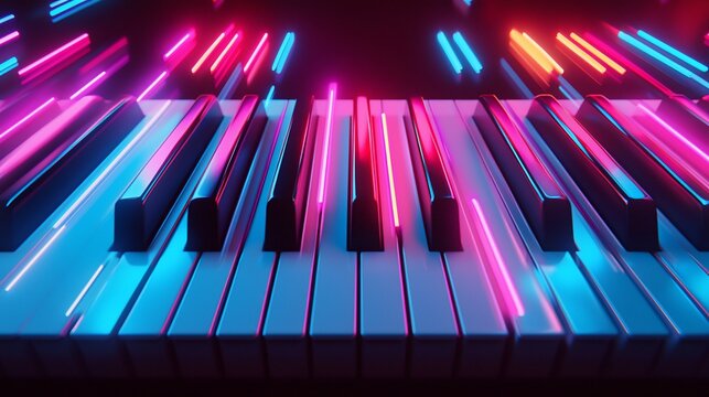 Neon lights illuminate piano keys. - Powered by Adobe