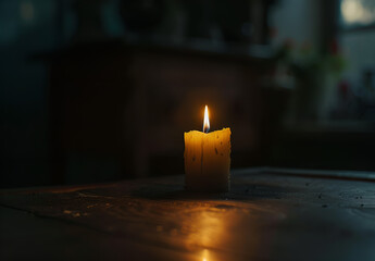 Płonąca świeca w ciemnym pokoju – symbol spokoju, refleksji i nostalgii