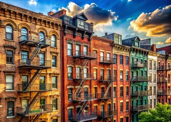 Panoramic View of Historic Bronx Brick Buildings with Fire Escapes - NYC Travel & Housing
