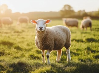 Obraz premium A charming sheep stands prominently in a grassy field at sunset with herd in background