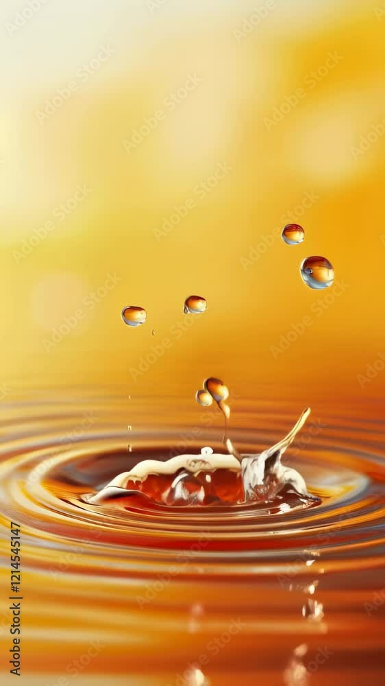 Poster golden liquid splashing and creating a crown shaped formation with droplets suspended in mid air, ge