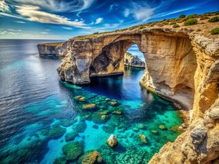 Naklejka premium Panoramic View of Malta's Blue Grotto Natural Arch, Dramatic Coastal Landscape, Mediterranean Sea