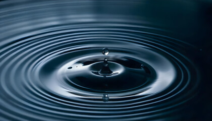 A close-up of water ripples created by a droplet falling into a dark, reflective surface. The concentric circles radiate outward from the point of impact, with a single droplet suspended in the air ab
