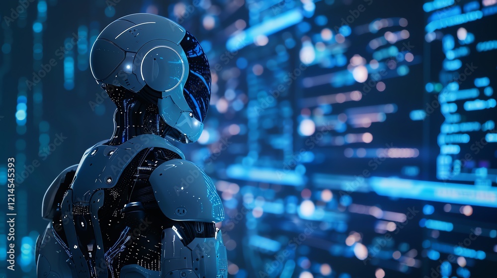 Poster a robot with a human-like face stands in front of a digital screen displaying code and data.