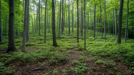 Obraz premium Lush green forest with tall trees and mossy ground.