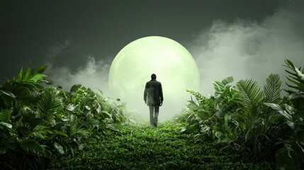 Mysterious Figure Amidst Lush Jungle and Full Moon