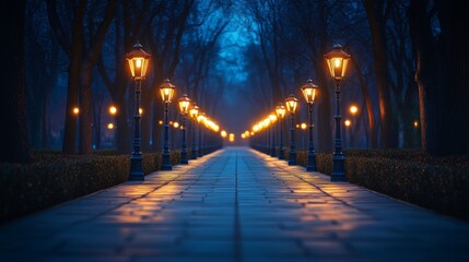A tranquil park path with warm streetlights at night, creating a serene ambiance. Ideal for urban tranquility, reflective moments, and evening scenes.