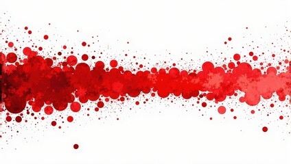 Vibrant abstract splatter of varied red tones, with white backdrop. Scattered circles of diverse sizes add depth, while a bold line of red circles creates dynamic movement