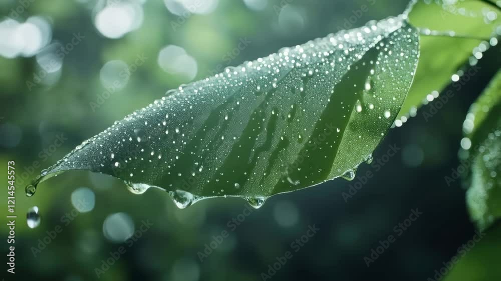 Poster sparkling water droplets cling to a vibrant green leaf, capturing the essence of a refreshing mornin