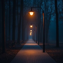 A tranquil park path with warm streetlights at night, creating a serene ambiance. Ideal for urban tranquility, reflective moments, and evening scenes.