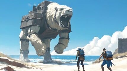 Giant Polar Bear Mech on Beach  Fantasy Art  Travelers