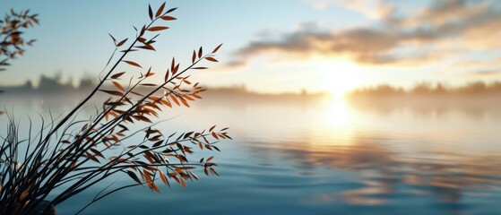 Obraz premium Tranquil Sunrise Over Calm Lake with Silhouetted Plants and Reflections