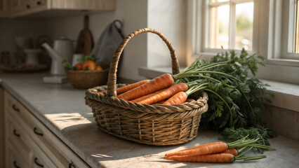 Obraz premium Woven basket filled with fresh carrots resting on a kitchen counter, showcasing rustic charm and organic produce
