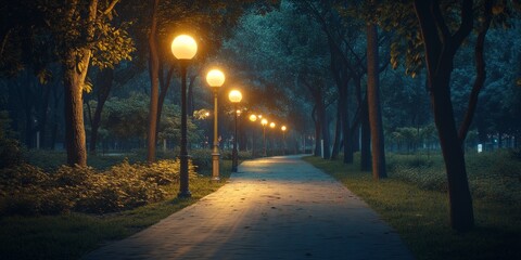 Fototapeta premium A tranquil park path with warm streetlights at night, creating a serene ambiance. Ideal for urban tranquility, reflective moments, and evening scenes.