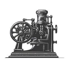 Fototapeta premium Vintage sewing machine illustration, engraved style, detailed machinery design, studio shot, graphic art