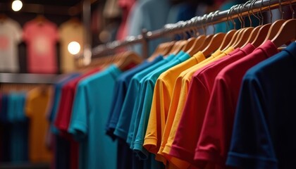 Obraz premium Colorful T-Shirts on Display: A Vibrant Retail Scene