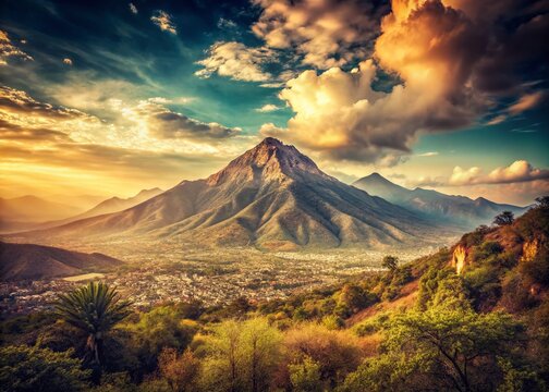 Panoramic Vista of Cerro de la Silla from Chipinque Ecological Park, Monterrey, Mexico - Vintage Style