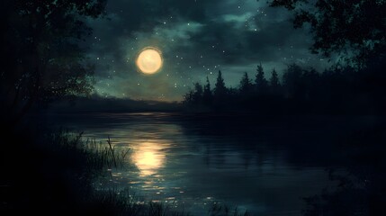 Naklejka premium Serene Night Lake Full Moon Stars Trees Water Reflection